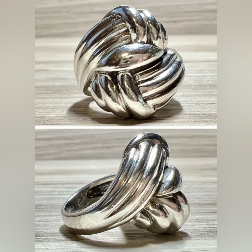 Vintage Designer Sterling Silver Modernist Fluted Woven Tall Dome Ring, Size 5.5